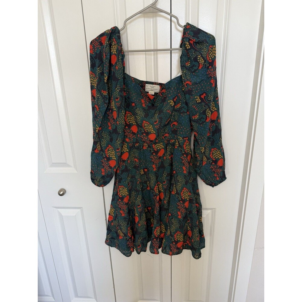 Trovata Birds of Paradis Jacquelin Dress Teal Small Long sleeve